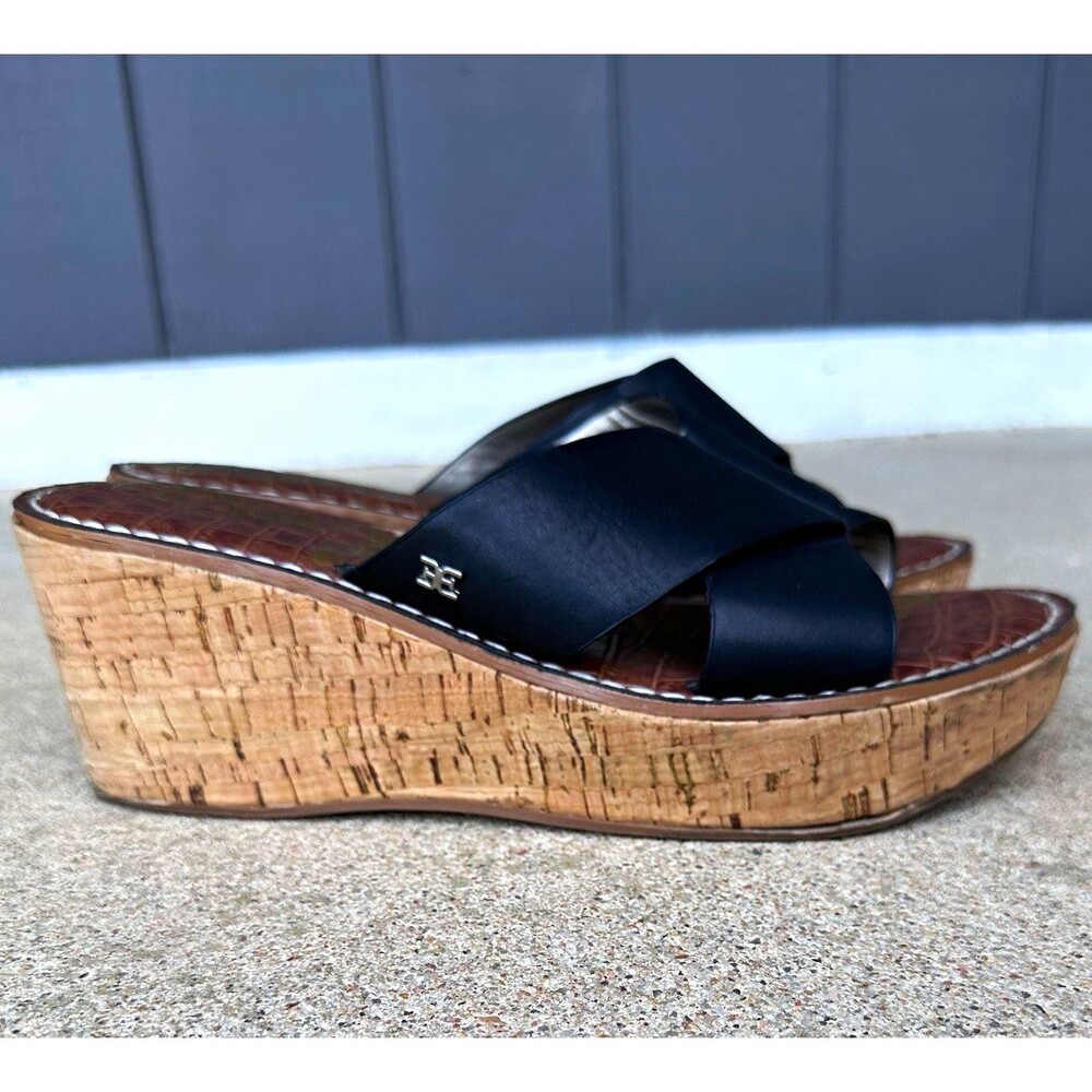 Sam Edelman Black Leather Slide Wedge Sandals Slip-On Straps Women’s 9M EU39